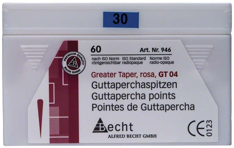 Guttaperchaspitzen GT 04 Gr. 30 in weißer Verpackung.