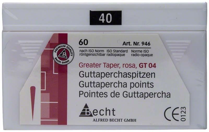 Rosa Guttaperchaspitzen GT 04 Gr. 40, Verpackung mit ISO-Normangabe.