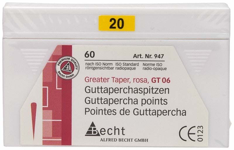 Verpackung der rosa Guttaperchaspitzen GT 06 Gr. 20 von Medic-Star.