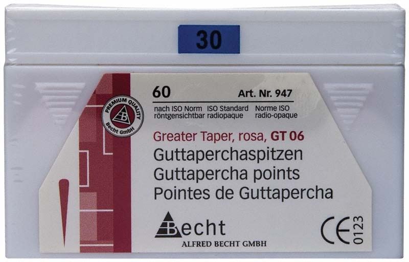 Rosa Guttaperchaspitzen GT 06 Gr. 30 in Verpackung.