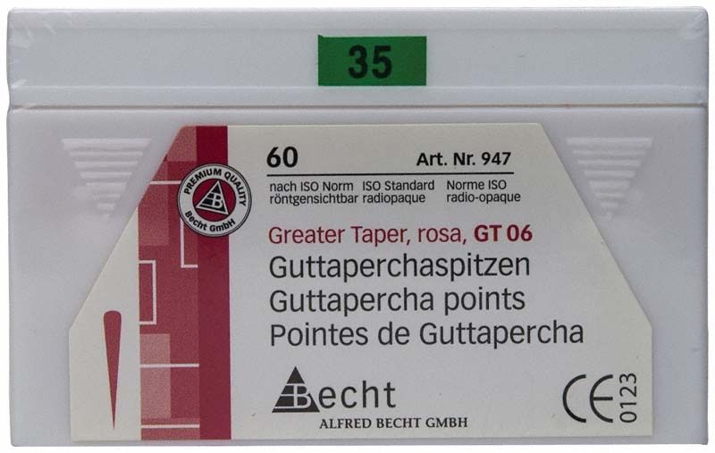 Verpackung der rosa Guttaperchaspitzen GT 06 Größe 35 von Becht.