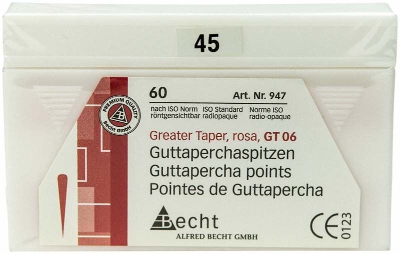 Rosa Guttaperchaspitzen GT 06 Gr. 45 in weißer Verpackung.