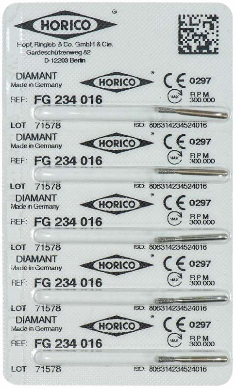Blisterpackung mit fünf Diamant FG 234 016 Schleifinstrumenten.