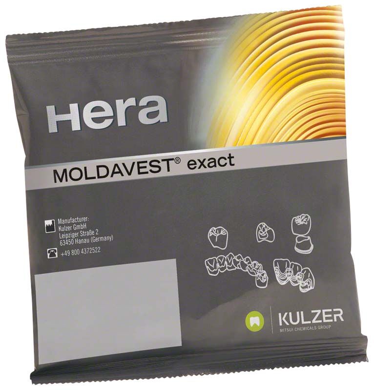 Verpackung des Moldavest® exact Abdruckmaterials von Hera mit Grafiken und Logo.