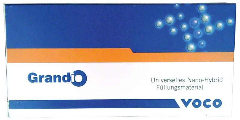 Universelles Nano-Hybrid Füllungsmaterial Grandio® Caps B3 von Voco in Verpackung.