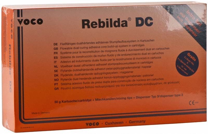 Rebilda DC Intro-Set Kartusche in orangefarbener Verpackung mit mehrsprachiger Beschreibung.