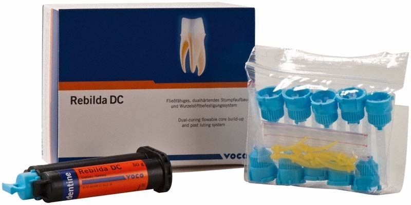 Rebilda DC Kartusche und Zubehör vor Produktverpackung.