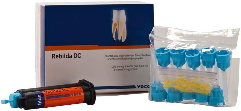 Rebilda DC Kartusche und Zubehör vor Verpackung auf weißem Hintergrund.