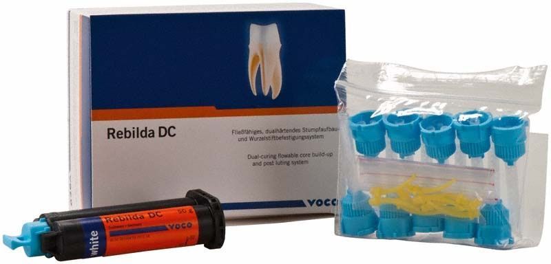 Rebilda DC Kartusche und Zubehör für dentalen Stumpfaufbau.