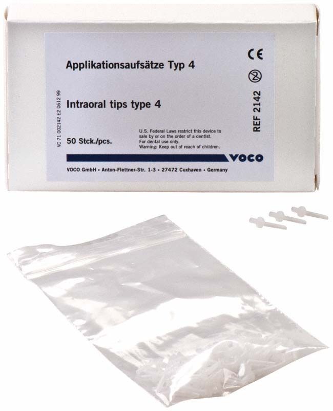 Applikationsaufsätze Typ 4 in Verpackung mit drei Intraoraltips vorne.