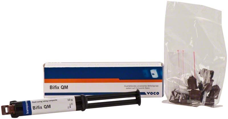 Bifix® QM Spritze transparent mit Verpackung und Zubehör für zahnmedizinische Anwendungen.