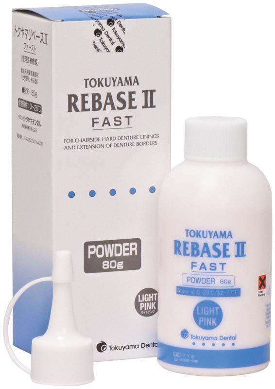 Flasche und Verpackung von Tokuyama Rebase II Fast Pulver für Zahnmedizin.