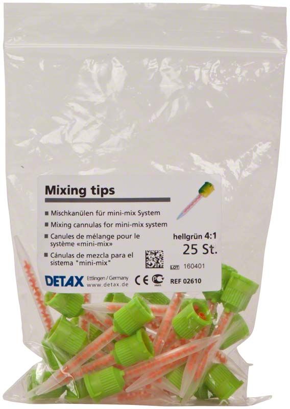 Mischkanülen hellgrün 4:1, 25 Stück in durchsichtiger Verpackung.