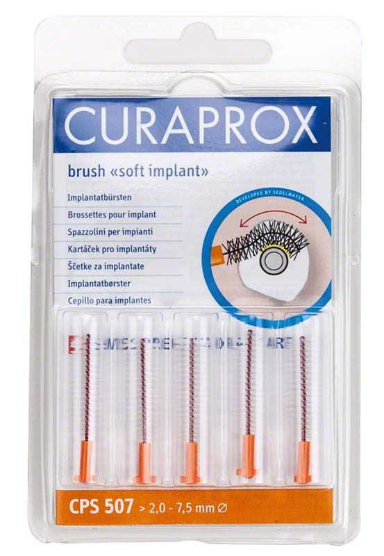 Curaprox CPS 507 Implantatbürsten-Set in Verpackung mit fünf Bürsten.