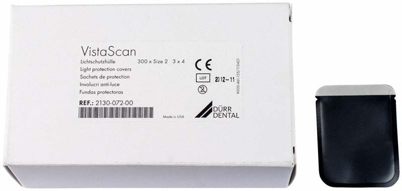 VistaScan Lichtschutzhüllen Verpackung mit Dürr Dental Logo und Produktinformationen.