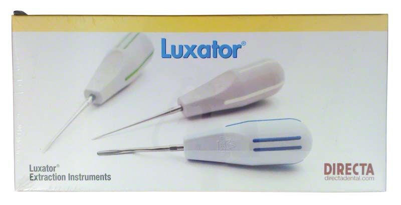 Luxator® Stück DE3TiN Zahnextraktionsinstrumente auf Verpackung abgebildet.