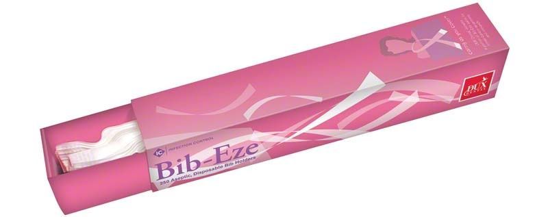 BIB Eze Einweg-Serviettenhalter in rosa Verpackung mit Logo.