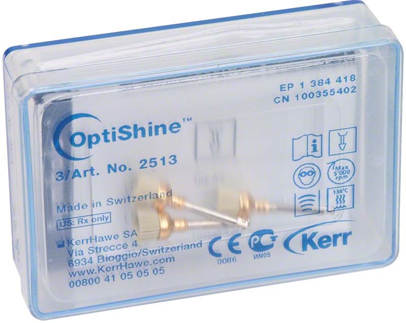 Transparente Verpackung mit OptiShine™ 3 Polierbürstchen und Logos.