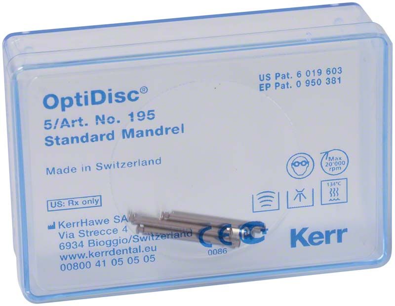 OptiDisc™ Standard-Mandrell in Kunststoffverpackung mit Herstellerinformationen.