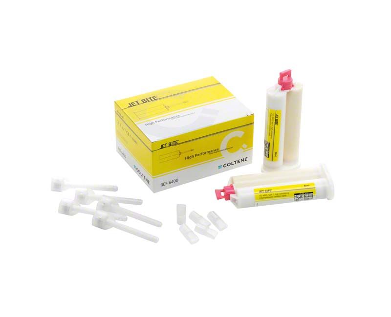 Jet Bite Kartuschen 2 x 50ml von Coltene mit Verpackung und Zubehör.