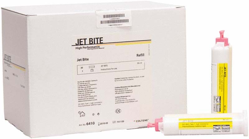 Weiße Verpackung der Jet Bite Kartuschen, 20 x 50ml, mit zwei sichtbaren Kartuschen.