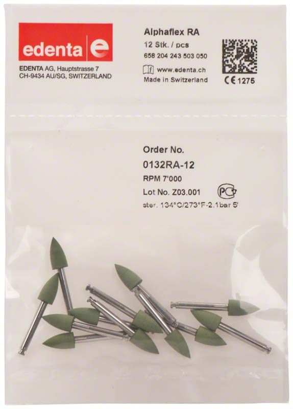 Verpackung mit grünen Alphaflex Polierern für dentalen Einsatz.