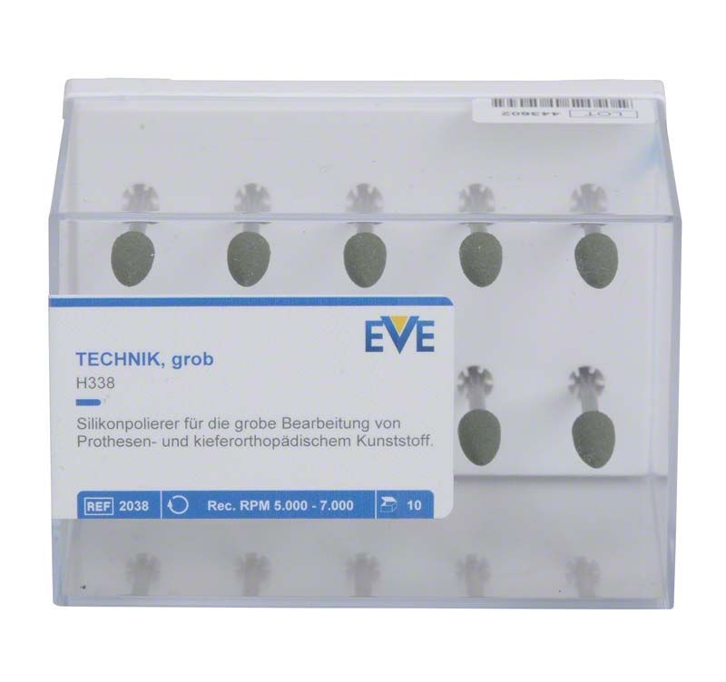 Transparente Box mit 10 grünen EVE TECHNIK Silikonpolierern für Dentaltechnik.