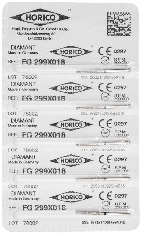 Verpackung von Diamant FG 299X 018, steril und einzeln verpackt.