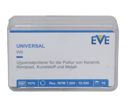 Universalsilikonpolierer EVE UNIVERSAL W6 in Kunststoffverpackung für Zahntechnik.