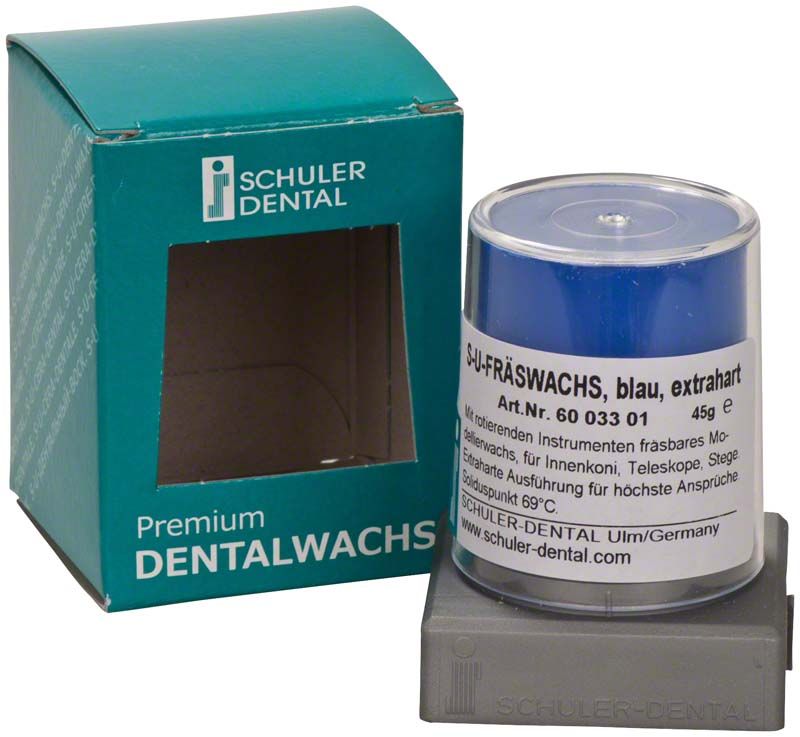 S-U-Fräswachs extra hart, blau, in transparenter Verpackung.
