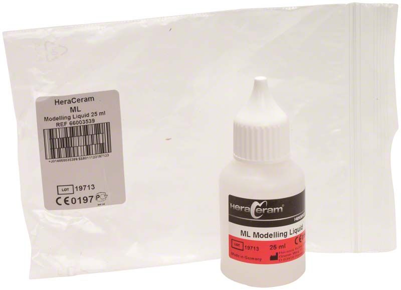 HeraCeram® Modellierflüssigkeit 25ml Flasche mit Verpackung im Hintergrund.