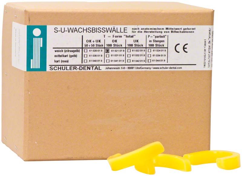 Kartonverpackung mit S-U-Wachsbisswällen T in zitrusgelber Farbe.
