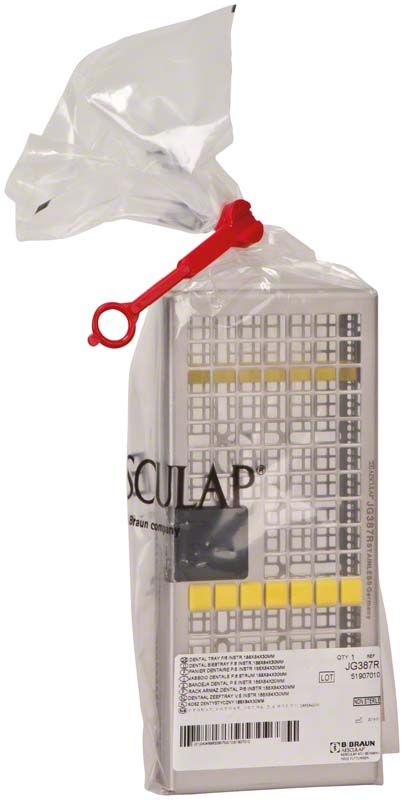 Siebtray aus Edelstahl, verpackt in transparenter Kunststofffolie mit rotem Verschluss.