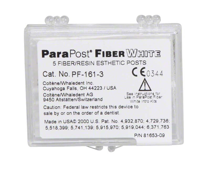 ParaPost® Fiber White Wurzelstifte Gr. 3 in transparenter Verpackung mit Produktinformationen.