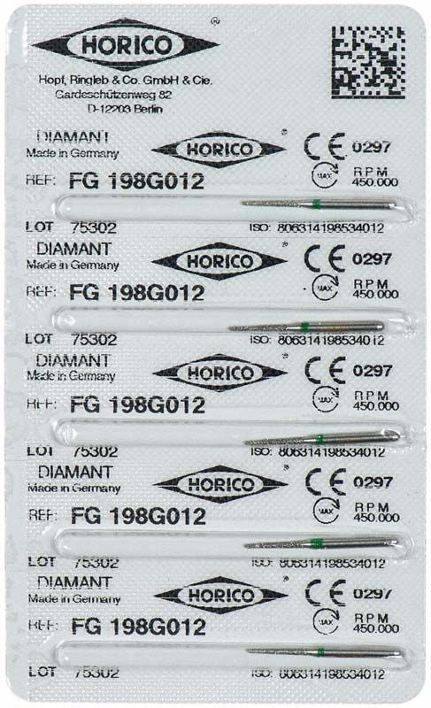 Verpackung mit Diamant FG 198G 012 dentalen Schleifinstrumenten.