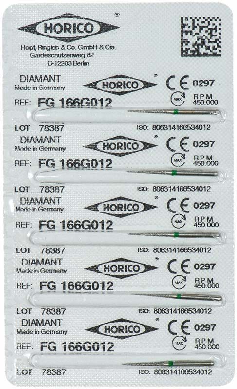 Blisterpackung mit Diamant-FG 166G 012 Dentalbohrer von Horico.