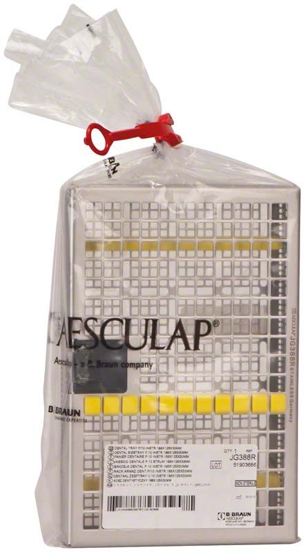 Siebtray für 9 Instrumente in Plastikverpackung mit gelbem Rastermuster.