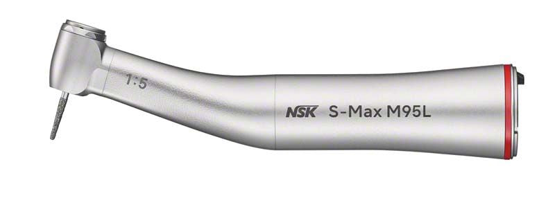 Dentales S-Max M Licht-Winkelstück Typ M95L in Silber mit rotem Akzent.