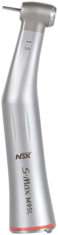 Dentales S-Max M Licht-Winkelstück Typ M95L in silber mit rotem Akzent und LED-Beleuchtung.