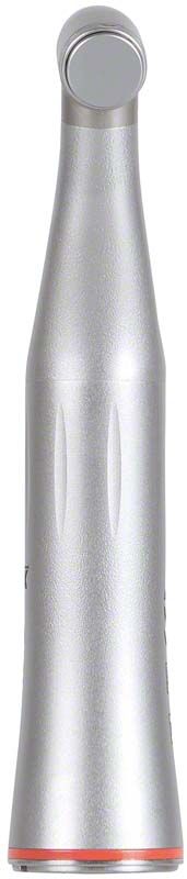 Dentales S-Max M Licht-Winkelstück Typ M95L in Silber mit rotem Akzent, Seitenansicht.