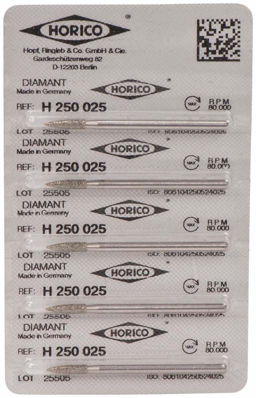 Blisterverpackung mit sechs Diamant Fräsern H 250 025 von Horico.
