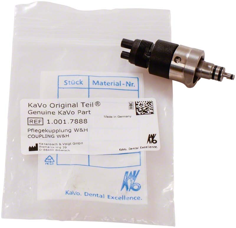 Pflegekupplung W&H mit Originalverpackung und Produktetikett.