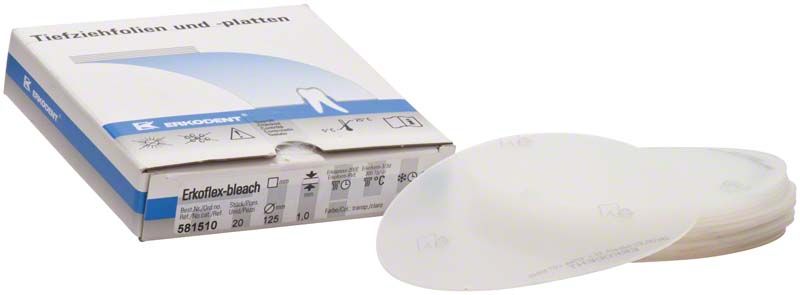 Erkoflex-bleach Tiefziehfolie von Erkodent, 125mm Durchmesser, Verpackungsansicht.