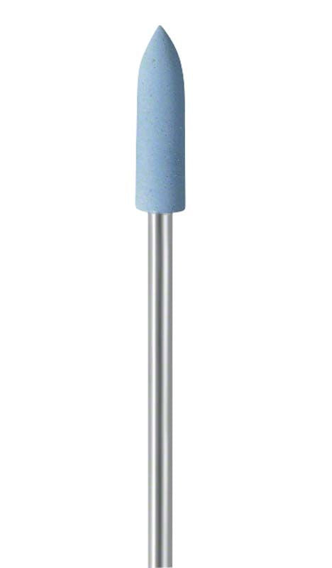 Blauer Schleifkopf für zahnmedizinische Anwendungen mit metallischem Griff.