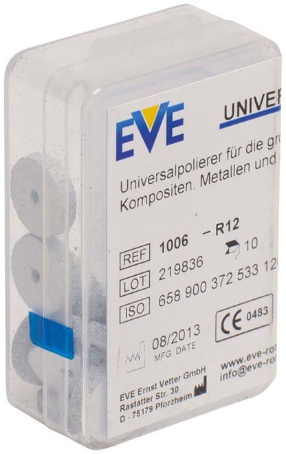 Verpackung mit zehn weißen EVE UNIVERSAL Schleifkörpern in runder Form.