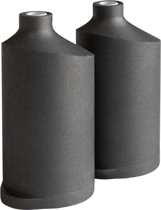 Zwei schwarze Schmelztiegel plus (EM) aus Keramikmaterial.