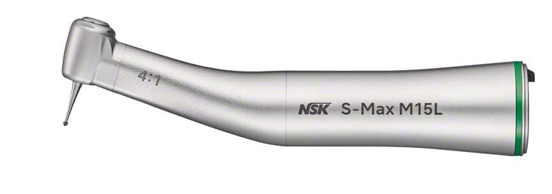 Zahnmedizinisches Schnelllaufwinkelstück S-Max M15L in silberner Farbe mit grünem Ring.