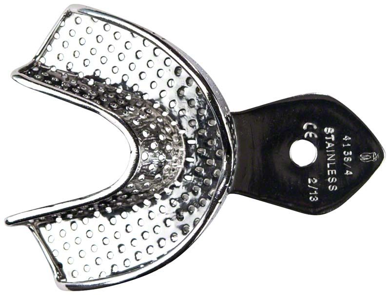 Abdrucklöffel ERGOLOCK aus Edelstahl mit Perforationen für Unterkiefer.