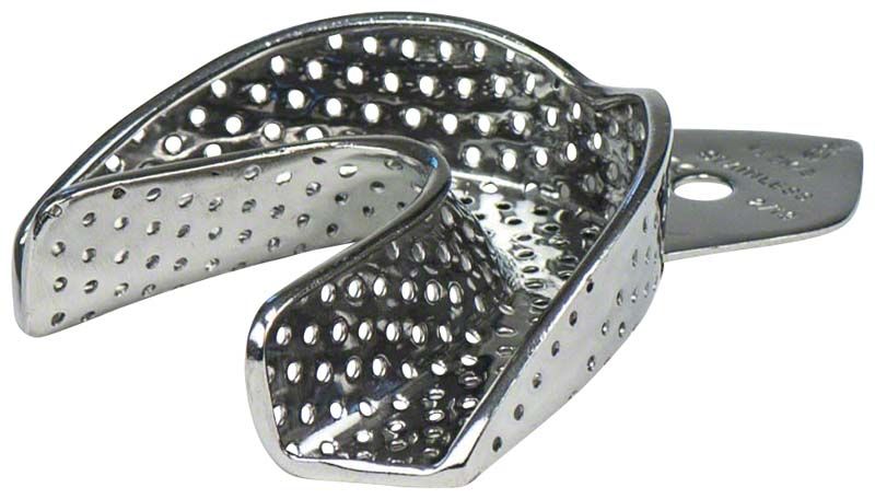 Hochwertiger Edelstahl-Abdrucklöffel für Unterkiefer, perforiert für Zahnarztpraxis.