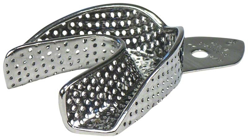 Abdrucklöffel ERGOLOCK aus Edelstahl für Unterkiefer, perforiert.